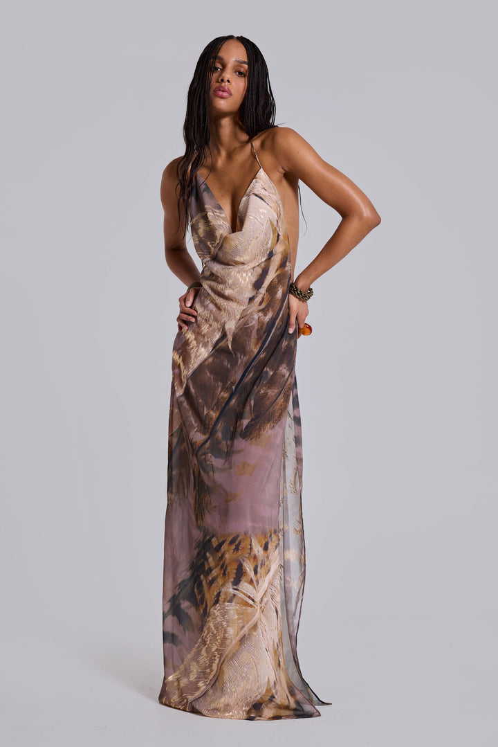 Valantomode | Stunning Metallic Backless Maxi Dress in Soft Chiffon