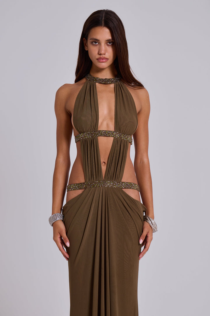 Valantomode | Chic Moss Cut Out Maxi Dress for Effortless Style