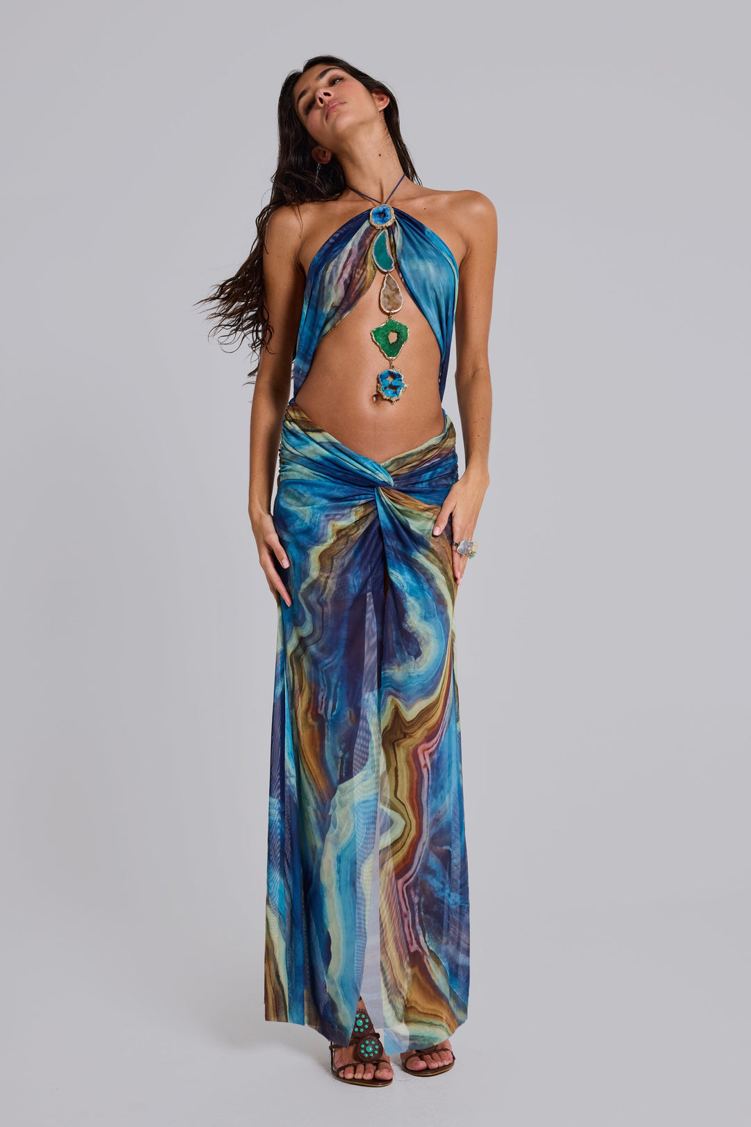 Valantomode | Stunning Quartz Halter Maxi Dress with Crystal Accents