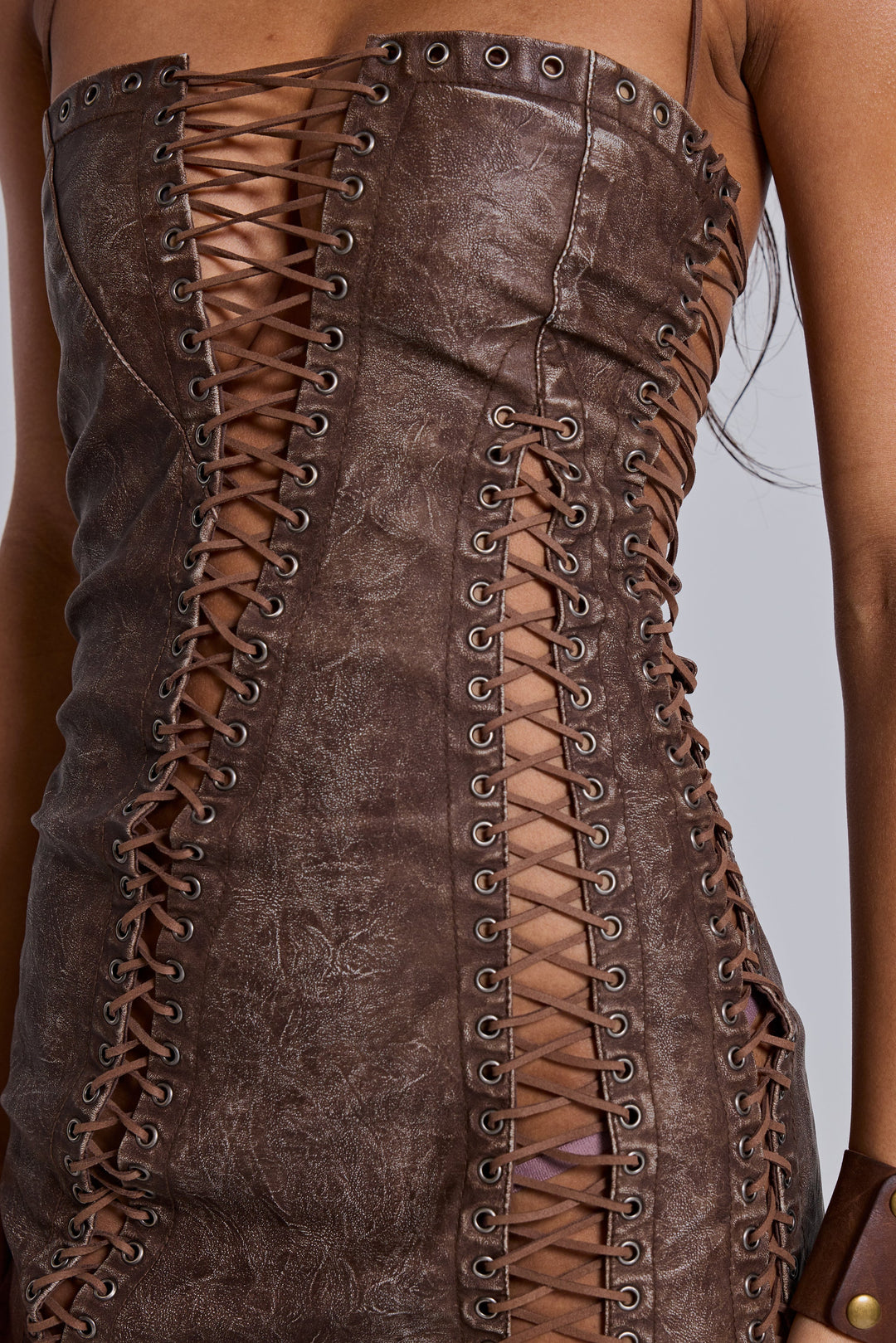 Valantomode | Chic Brown Faux Leather Mini Dress with Lace Up Detail