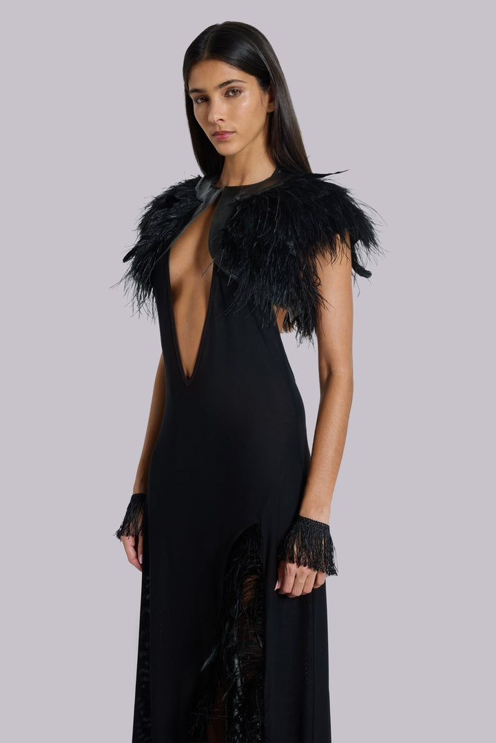 Valantomode | Chic Backless Maxi Dress with Feathers for Evening Events