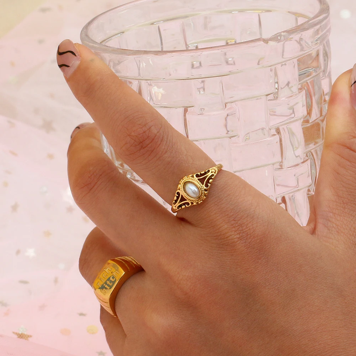 Valantomode | Plated Kendra Vintage Ring with Filigree-Imbricated Architecture and Freshwater Pearl