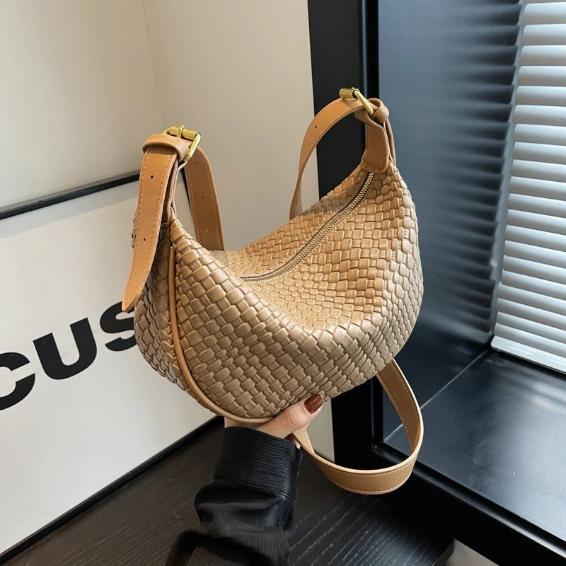 Valantomode | The Tesla Interlace Garrison – Women's Premium Braided Vegan Leather Half-Moon Handbag