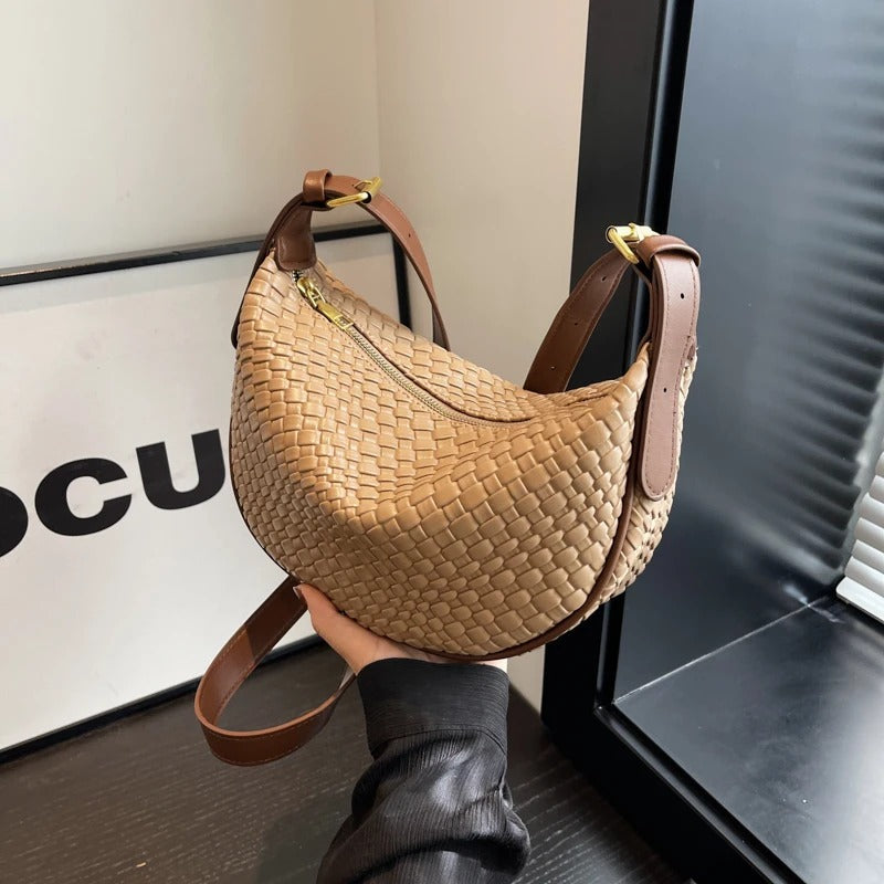 Valantomode | The Tesla Interlace Garrison – Women's Premium Braided Vegan Leather Half-Moon Handbag