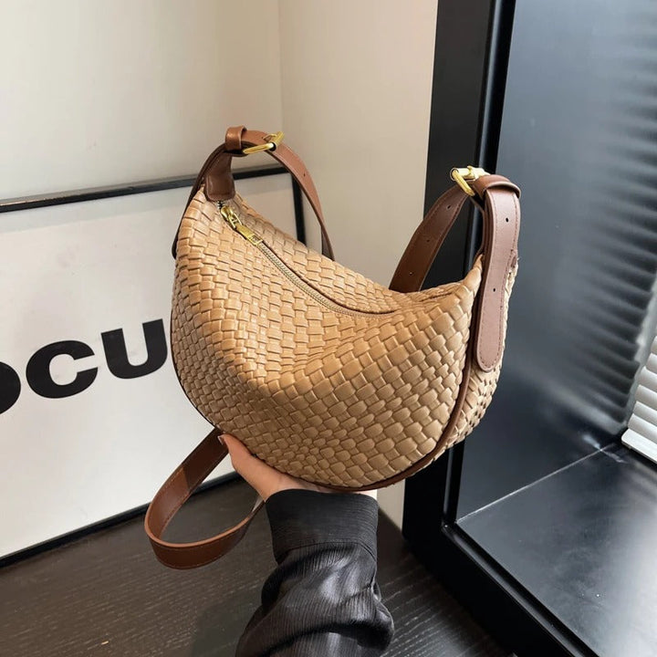 Valantomode | The Tesla Interlace Garrison – Women's Premium Braided Vegan Leather Half-Moon Handbag