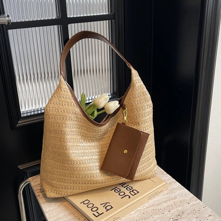 Valantomode | Solstice Kinetic Hobo – Premium Woven Straw Shoulder Bag with Vegan Leather Trim & Detachable Wallet