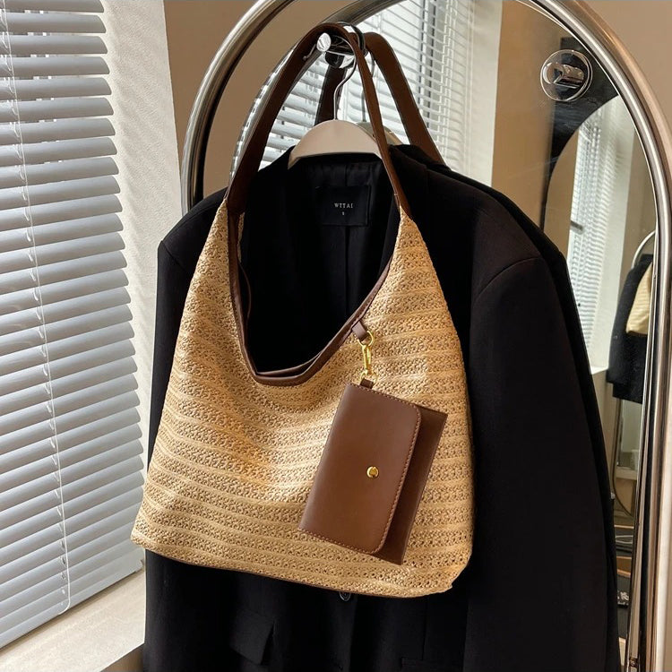 Valantomode | Solstice Kinetic Hobo – Premium Woven Straw Shoulder Bag with Vegan Leather Trim & Detachable Wallet