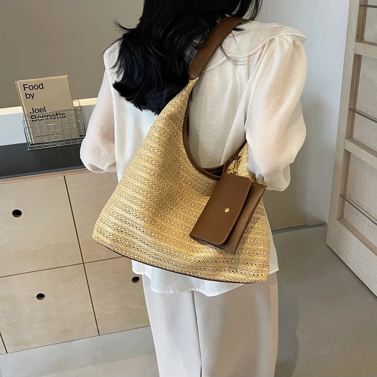 Valantomode | Solstice Kinetic Hobo – Premium Woven Straw Shoulder Bag with Vegan Leather Trim & Detachable Wallet