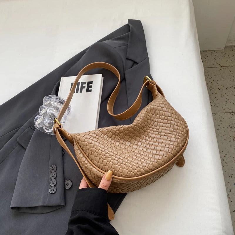Valantomode | The Tesla Interlace Garrison – Women's Premium Braided Vegan Leather Half-Moon Handbag