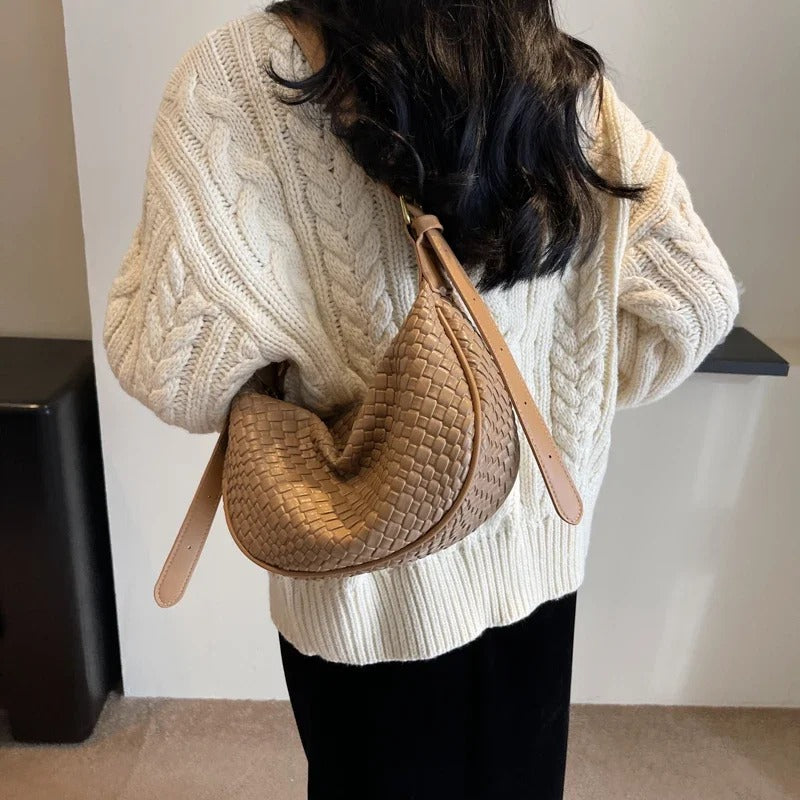 Valantomode | The Tesla Interlace Garrison – Women's Premium Braided Vegan Leather Half-Moon Handbag