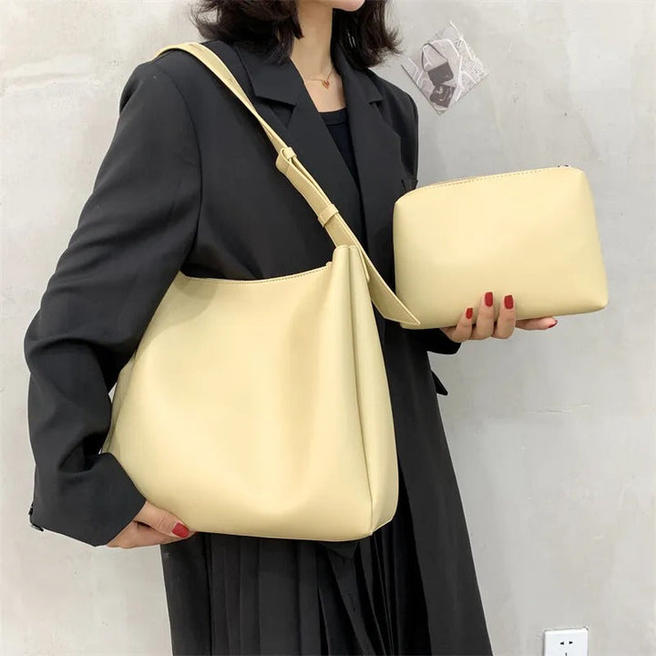 Valantomode | Luna Minimalist Hobo – Premium Vegan Leather Wide-Strap Shoulder Bag with Pouch
