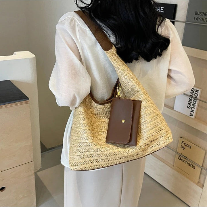 Valantomode | Solstice Kinetic Hobo – Premium Woven Straw Shoulder Bag with Vegan Leather Trim & Detachable Wallet