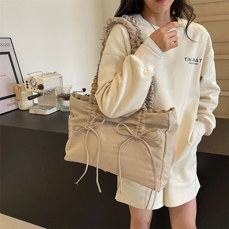 Valantomode | Luna Ribbon Kinetic Tote – Lightweight Adjustable Nylon Shoulder Bag with Ribbon Detail