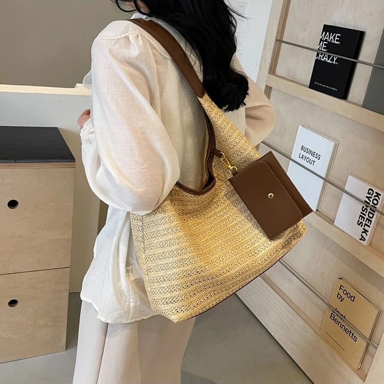 Valantomode | Solstice Kinetic Hobo – Premium Woven Straw Shoulder Bag with Vegan Leather Trim & Detachable Wallet
