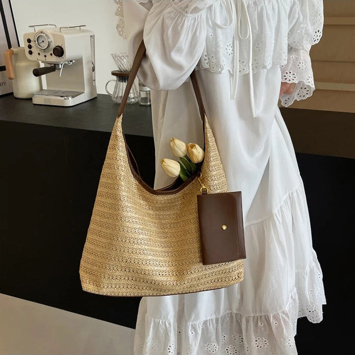 Valantomode | Solstice Kinetic Hobo – Premium Woven Straw Shoulder Bag with Vegan Leather Trim & Detachable Wallet