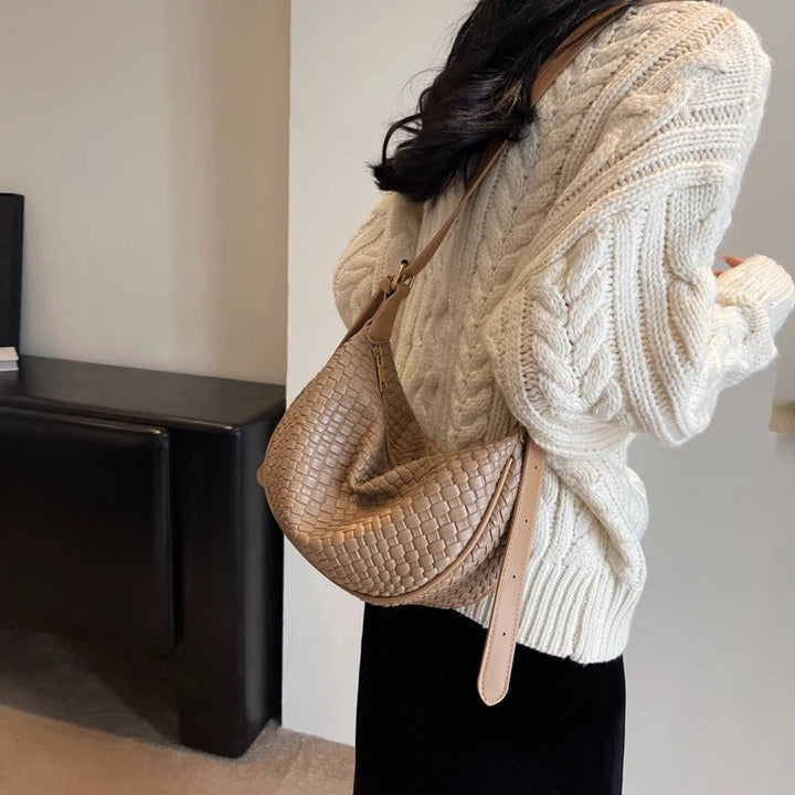 Valantomode | The Tesla Interlace Garrison – Women's Premium Braided Vegan Leather Half-Moon Handbag