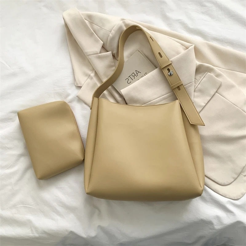 Valantomode | Luna Minimalist Hobo – Premium Vegan Leather Wide-Strap Shoulder Bag with Pouch