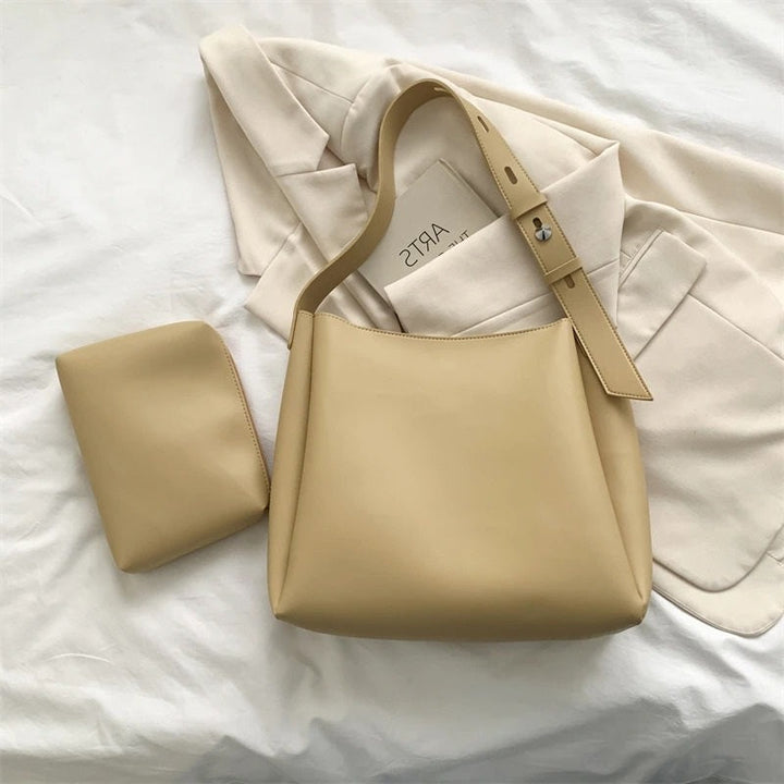 Valantomode | Luna Minimalist Hobo – Premium Vegan Leather Wide-Strap Shoulder Bag with Pouch