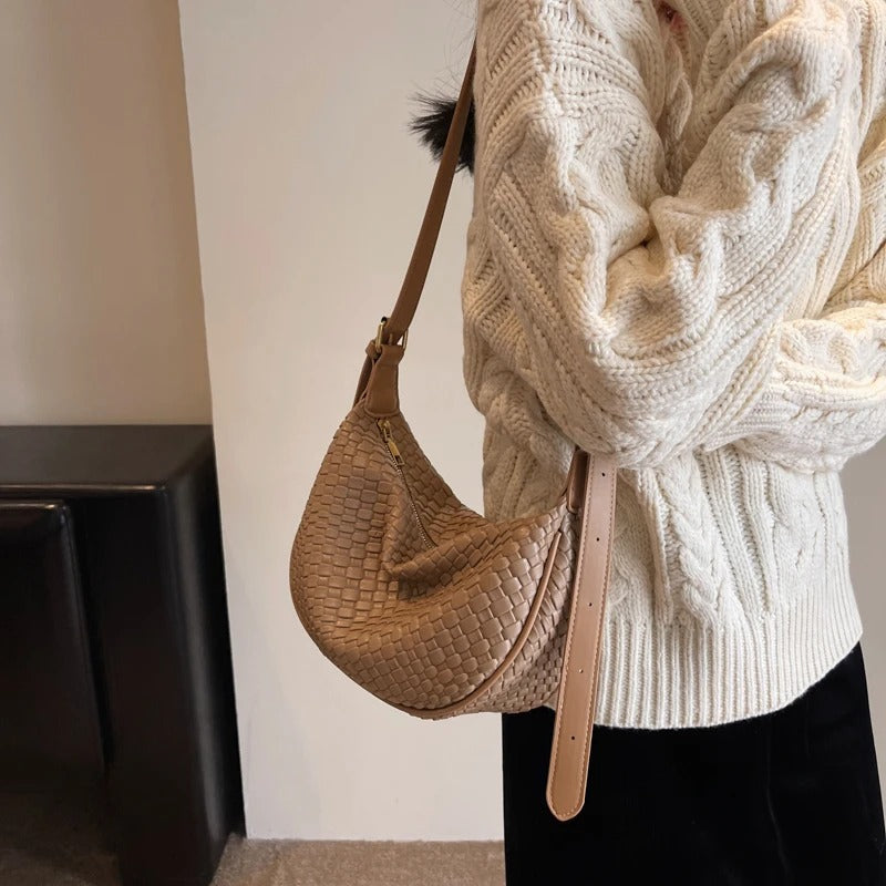 Valantomode | The Tesla Interlace Garrison – Women's Premium Braided Vegan Leather Half-Moon Handbag