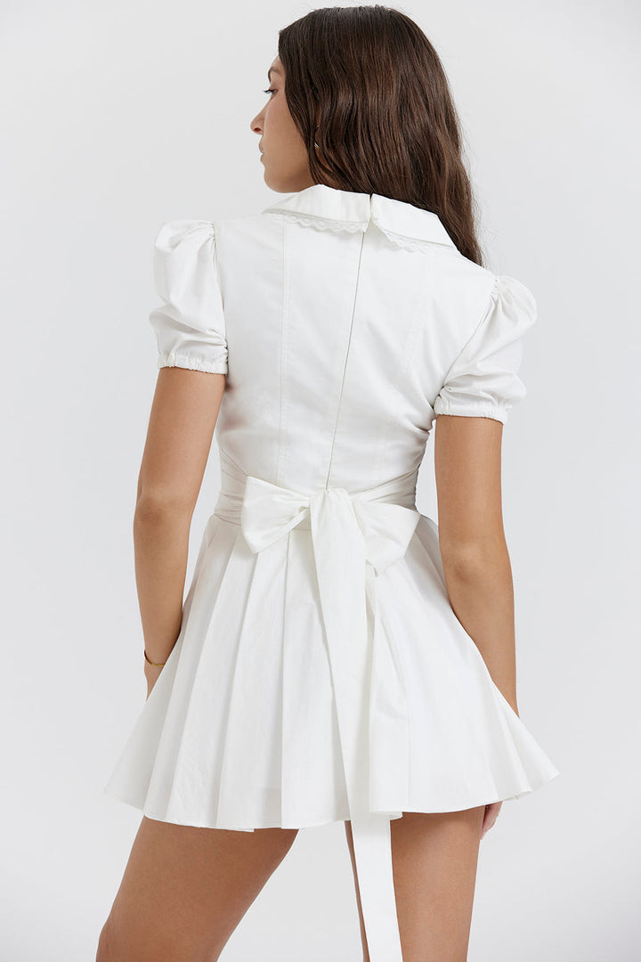 Valantomode | Elegant V-Neck Mini Dress with Pleated Skirt in White