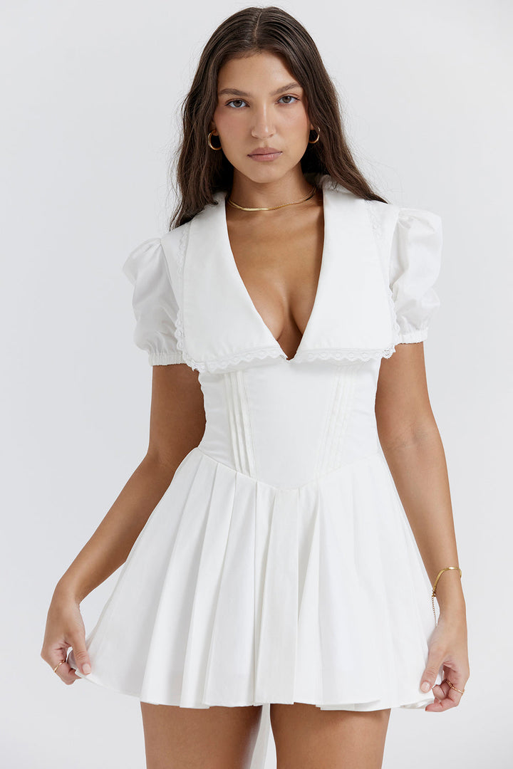 Valantomode | Elegant V-Neck Mini Dress with Pleated Skirt in White