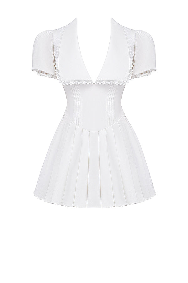 Valantomode | Elegant V-Neck Mini Dress with Pleated Skirt in White