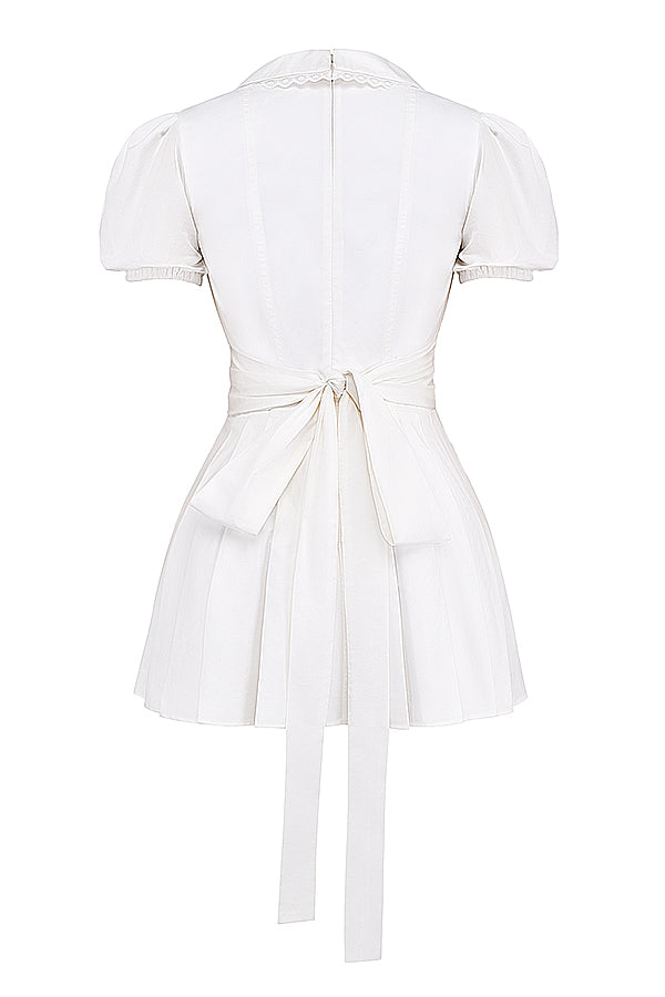 Valantomode | Elegant V-Neck Mini Dress with Pleated Skirt in White