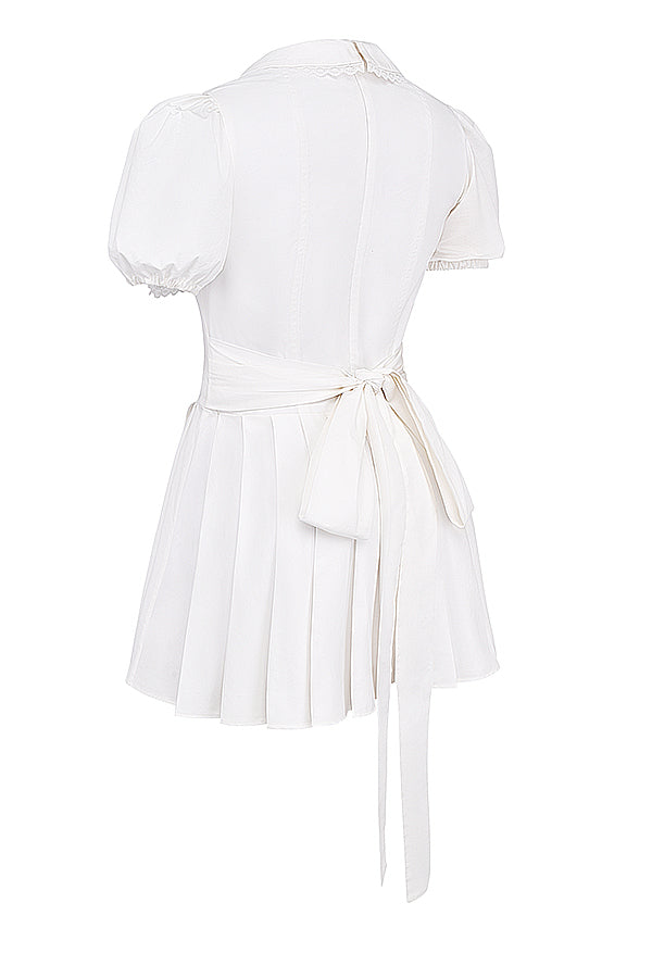 Valantomode | Elegant V-Neck Mini Dress with Pleated Skirt in White