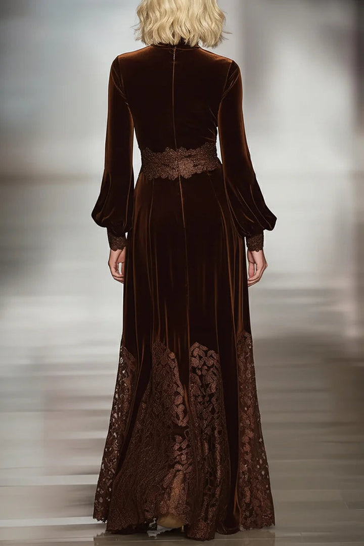 Valantomode | Chic Velvet Maxi Dress with Lace Sleeves for Stylish Nights