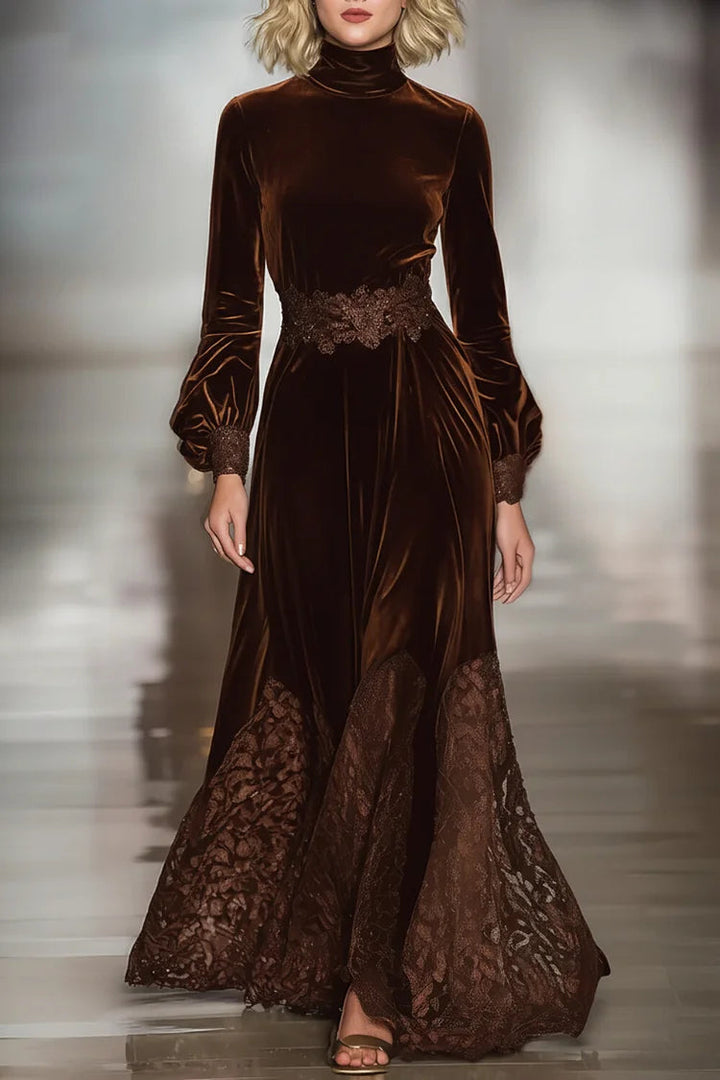Valantomode | Chic Velvet Maxi Dress with Lace Sleeves for Stylish Nights