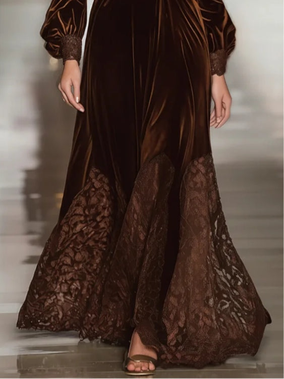 Valantomode | Chic Velvet Maxi Dress with Lace Sleeves for Stylish Nights