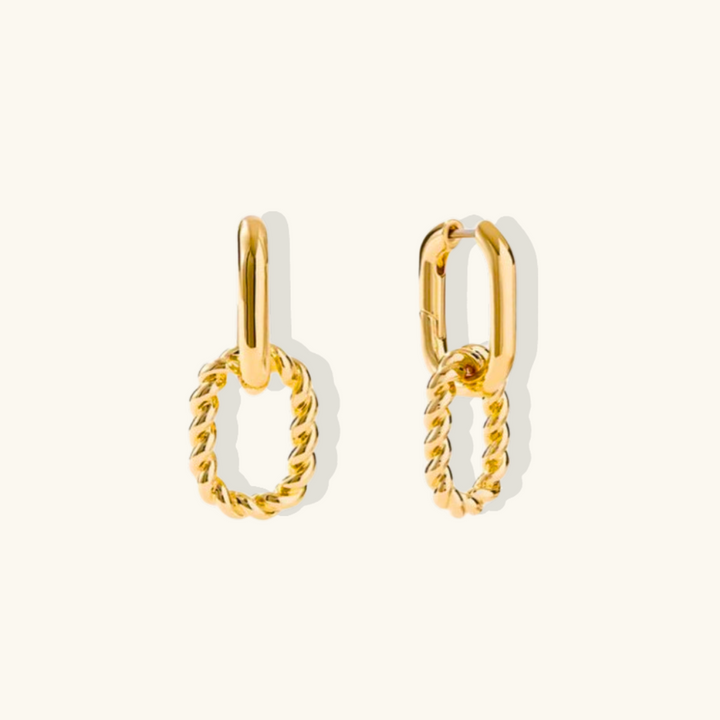 Valantomode | Plated Lauren Drop Hoop Earrings with Helical Torsion Architecture and Oval Geometry