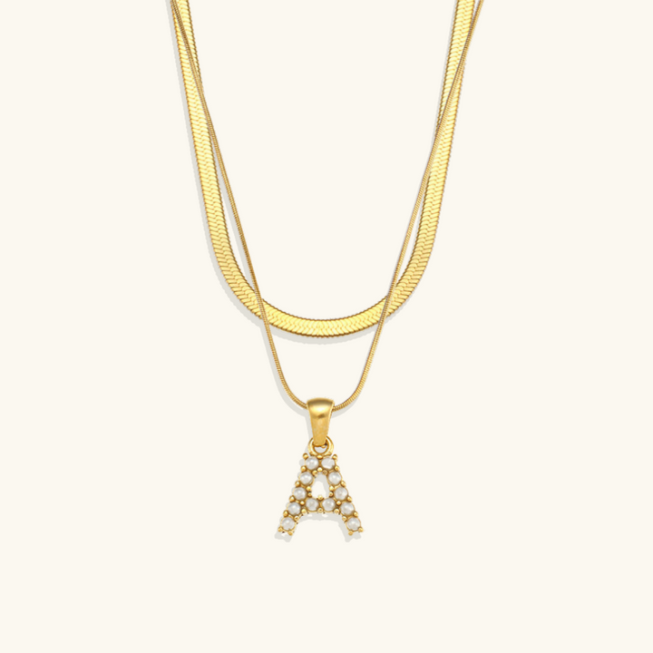 Valantomode | Plated Layered Pearl Initial Necklace with Genuine Freshwater Pearl Architecture