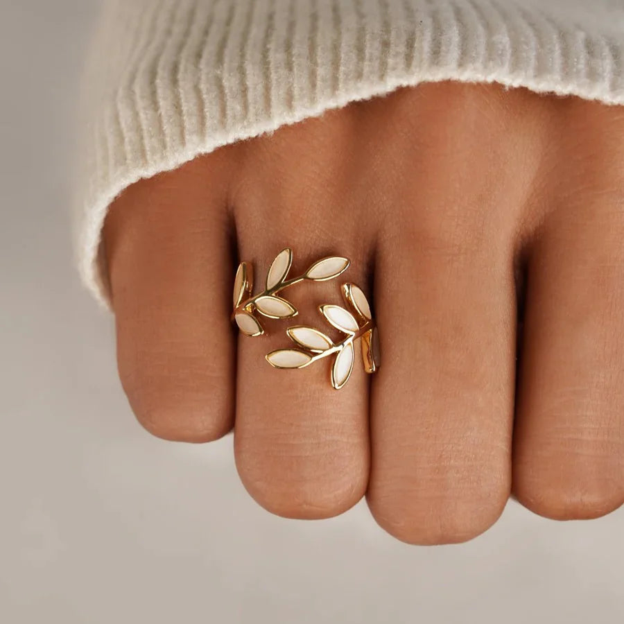 Valantomode | Plated Foliated Branch Ring with Organic Structural Geometry and White Inlay