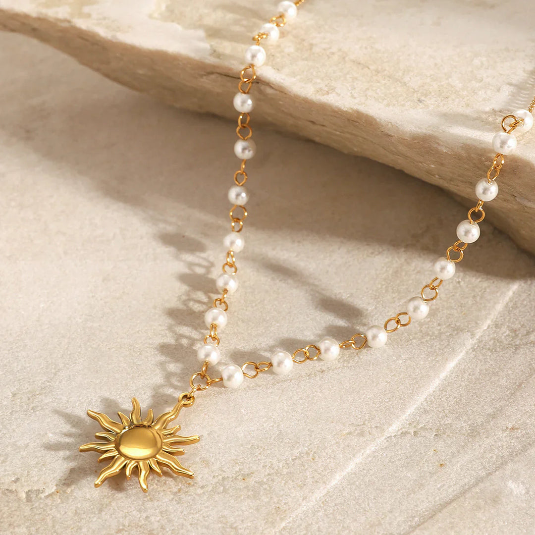 Valantomode | Plated Solar Pendant Necklace with Integrated Freshwater Pearl Chain