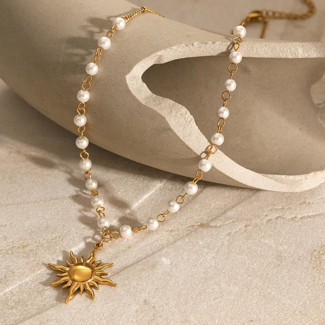 Valantomode | Plated Solar Pendant Necklace with Integrated Freshwater Pearl Chain