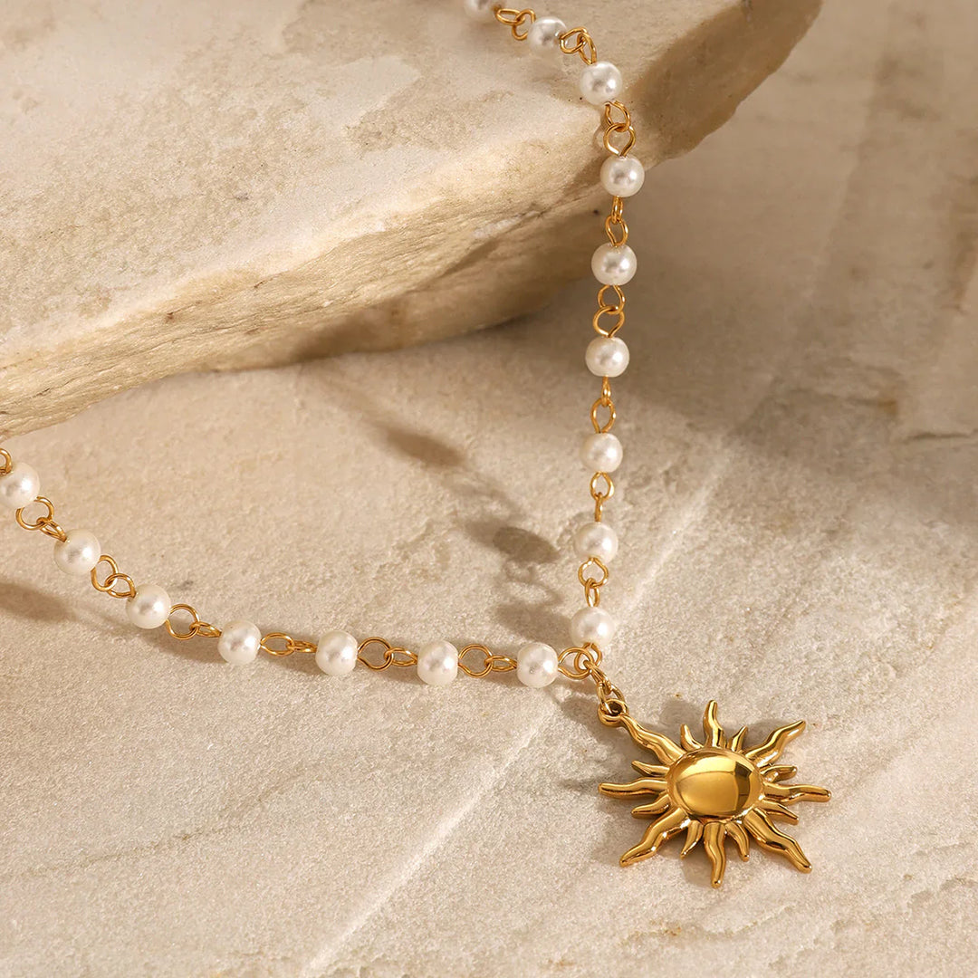 Valantomode | Plated Solar Pendant Necklace with Integrated Freshwater Pearl Chain