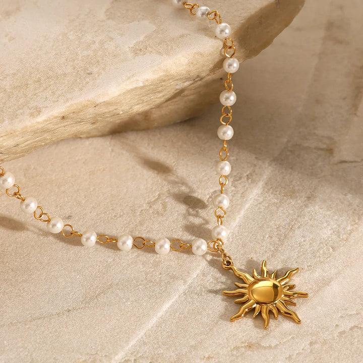 Valantomode | Plated Solar Pendant Necklace with Integrated Freshwater Pearl Chain
