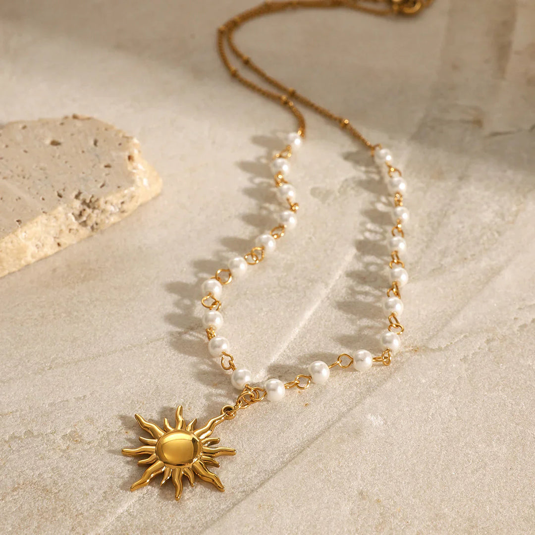 Valantomode | Plated Solar Pendant Necklace with Integrated Freshwater Pearl Chain