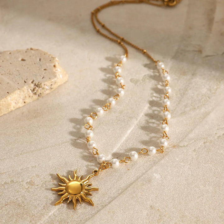 Valantomode | Plated Solar Pendant Necklace with Integrated Freshwater Pearl Chain