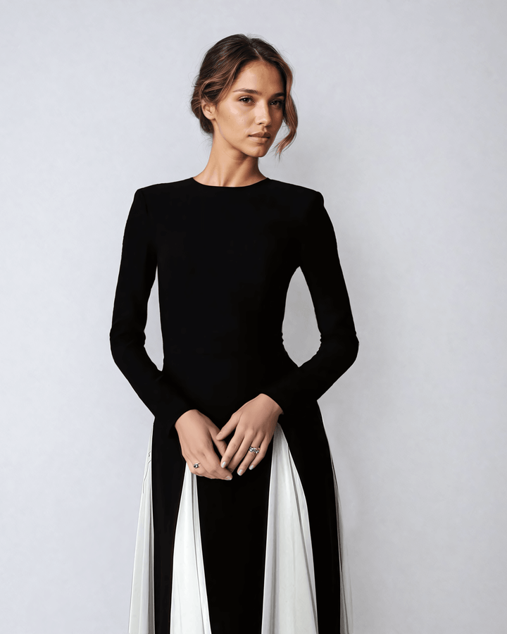 Valantomode | Elegant Black-White Evening Dress for Stunning Nights