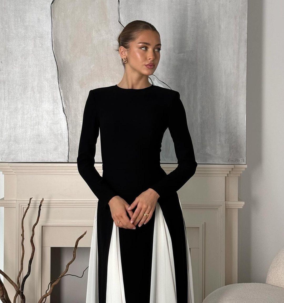Valantomode | Elegant Black-White Evening Dress for Stunning Nights