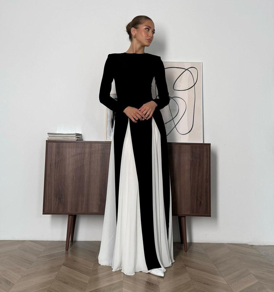 Valantomode | Elegant Black-White Evening Dress for Stunning Nights