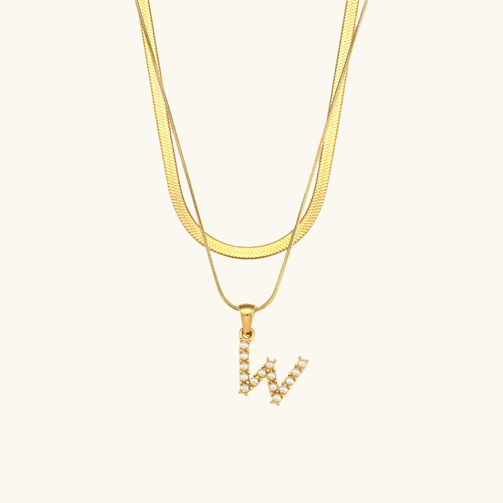 Valantomode | Plated Layered Pearl Initial Necklace with Genuine Freshwater Pearl Architecture