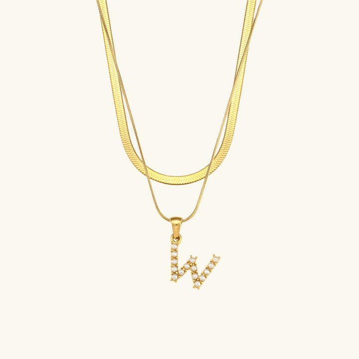 Valantomode | Plated Layered Pearl Initial Necklace with Genuine Freshwater Pearl Architecture