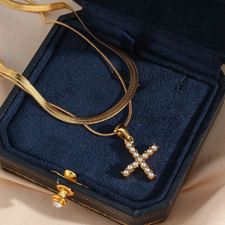 Valantomode | Plated Layered Pearl Initial Necklace with Genuine Freshwater Pearl Architecture