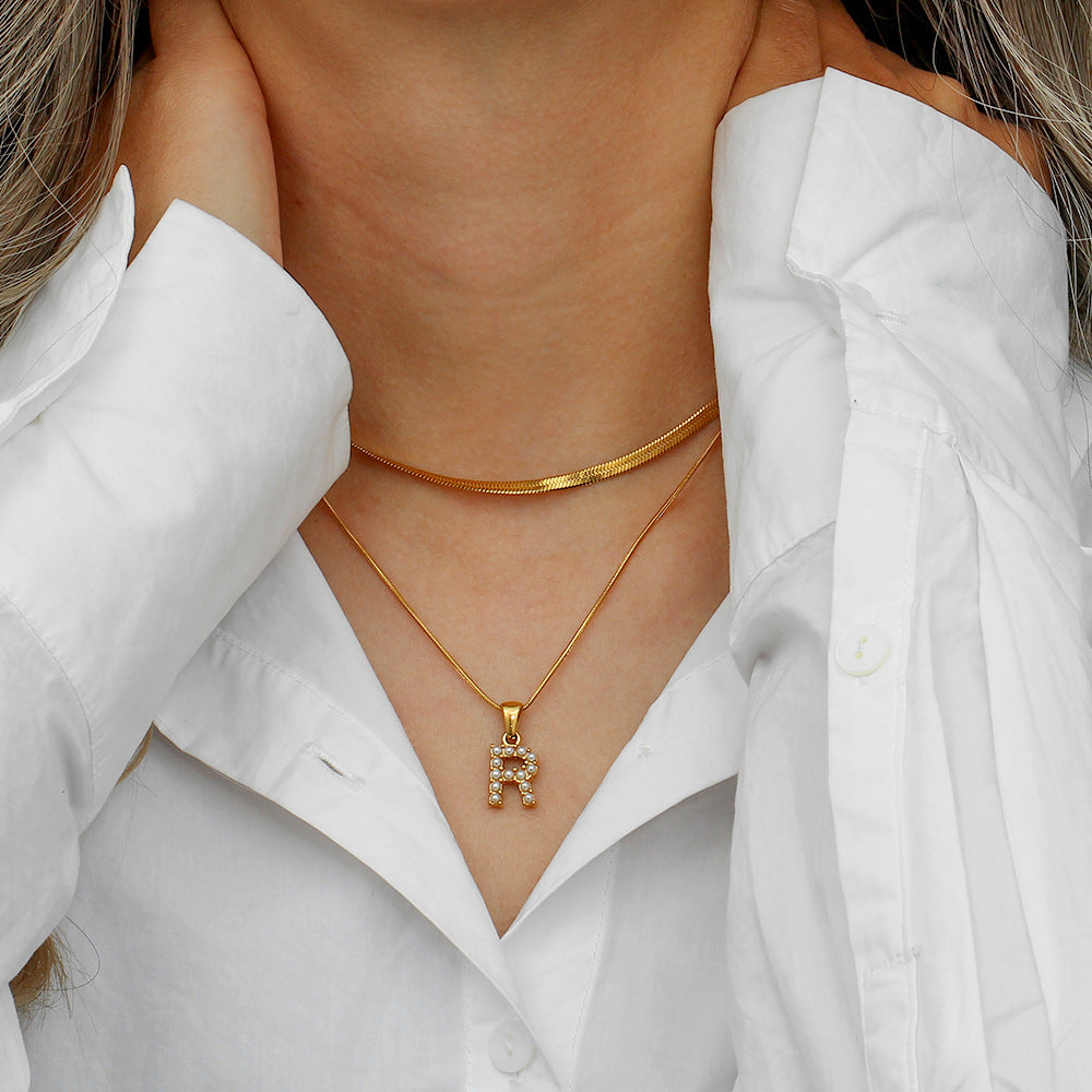 Valantomode | Plated Layered Pearl Initial Necklace with Genuine Freshwater Pearl Architecture