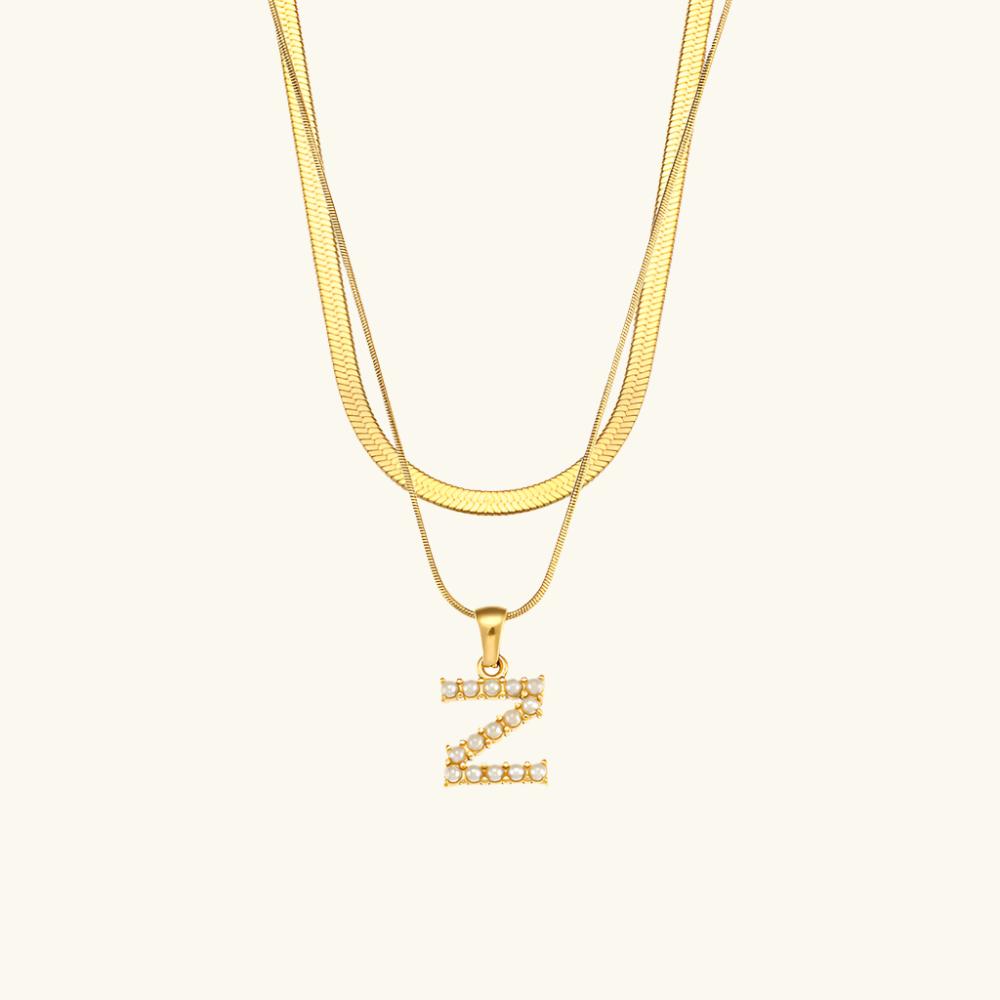 Valantomode | Plated Layered Pearl Initial Necklace with Genuine Freshwater Pearl Architecture
