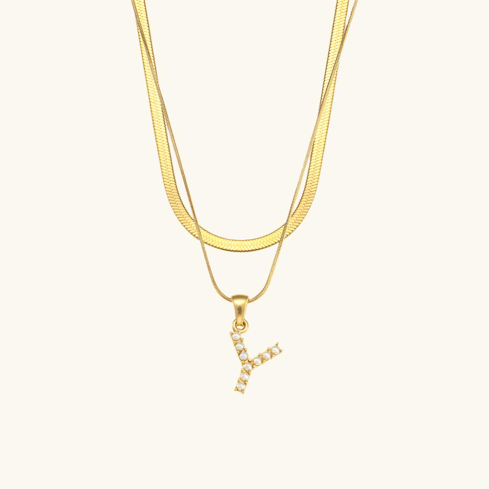 Valantomode | Plated Layered Pearl Initial Necklace with Genuine Freshwater Pearl Architecture