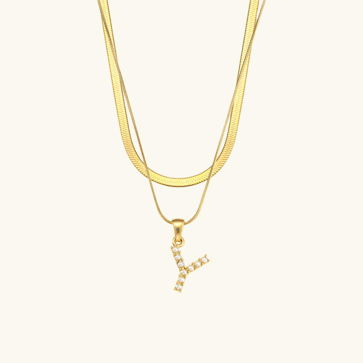 Valantomode | Plated Layered Pearl Initial Necklace with Genuine Freshwater Pearl Architecture